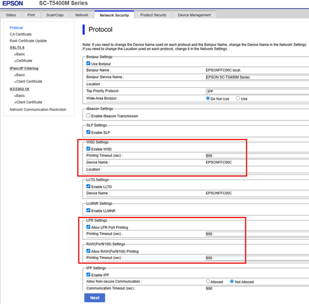 Enabling LPR, RAW and WSD settings in Epson Web Config